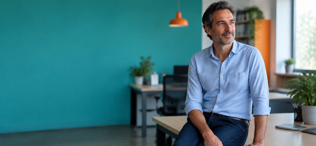 Dirigeant de PME dans ses bureaux, illustrant les avantages salariés accessibles au chef d'entreprise selon son statut
